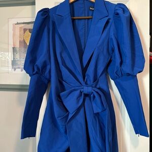 Lavish Alice Blue Wrap Dress with Puff Sleeves and Notched Collar